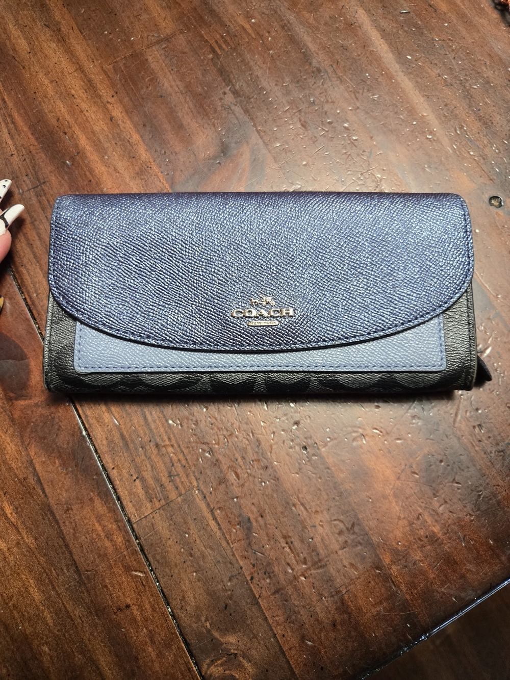 Coach Slim Continental Wallet Color Block Monogram Blue Smoke Metallic